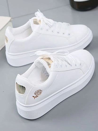 Women Leather Pu Casual Shoes New 2025 Woman Shoes Fashion Embroidered White Sneakers Breathable Flower Lace-Up Women Sneakers
